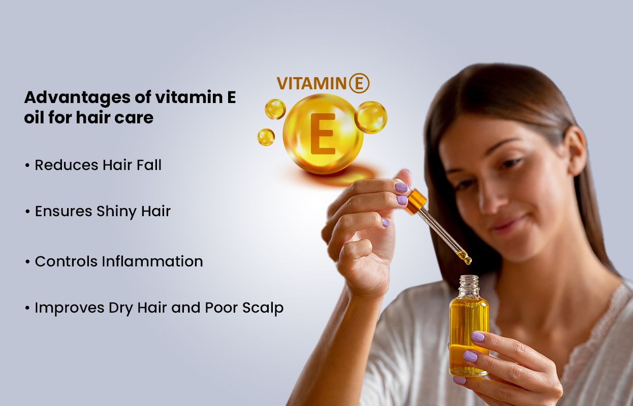 Infographic with the above-mentioned advantages of vitamin E oil for hair care