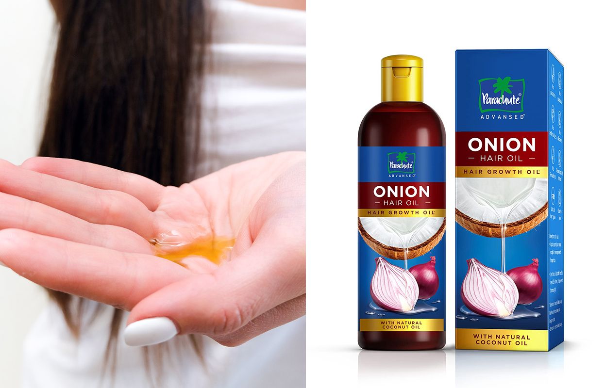 Woman pouring Parachute Advansed Onion Hair Oil on her palm